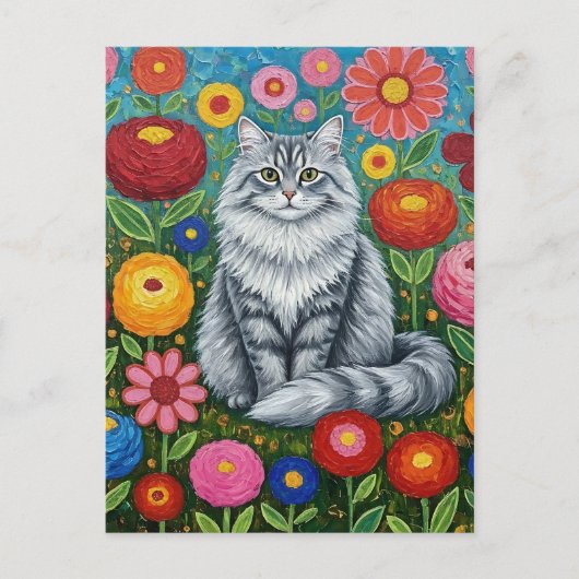 Carte Postale Chat à rayures grises fluides avec fleurs d'art fo (Devant)