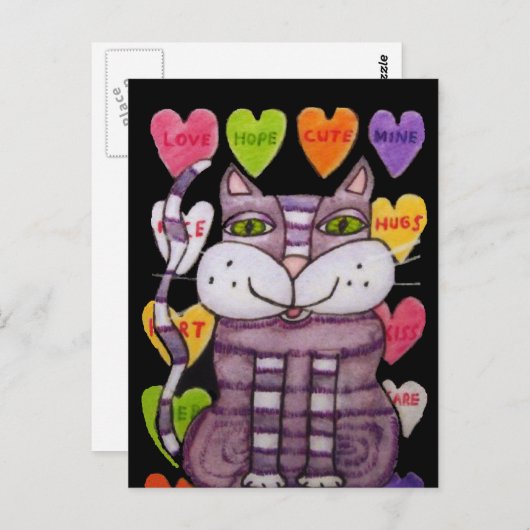 Carte Postale Chat à rayures violettes Vert Yeux Bright Coeurs b (Devant / Derrière)