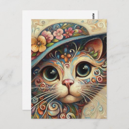 Carte Postale Chat Abstrait à chaton en fleurs avec Casquette (Devant / Derrière)