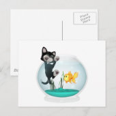 Carte Postale chat accroché à un bol de poisson (Devant / Derrière)