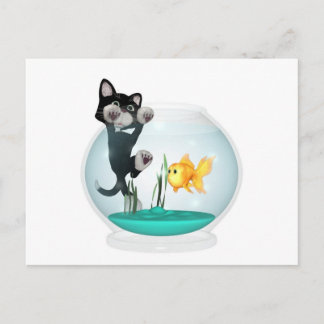 Carte Postale chat accroché à un bol de poisson
