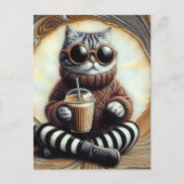 Carte Postale Chat Adorable Avec Boisson Café (Devant)