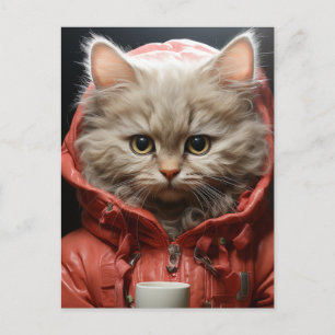 Carte Postale Chat Adorable Avec Café