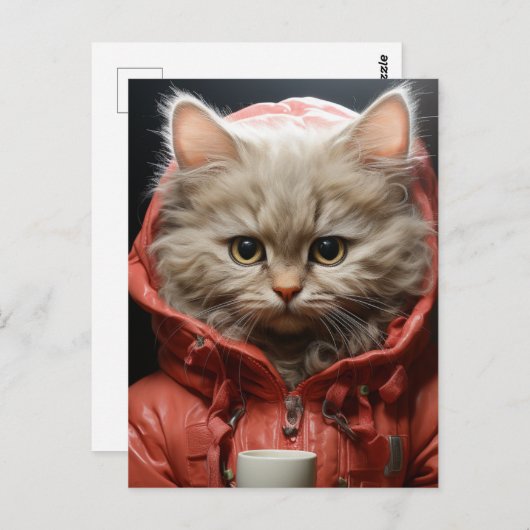 Carte Postale Chat Adorable Avec Café (Devant / Derrière)