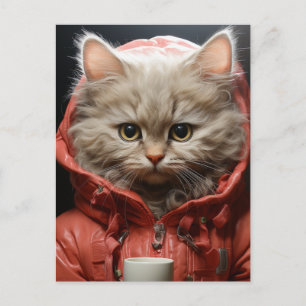 Carte Postale Chat Adorable Avec Café