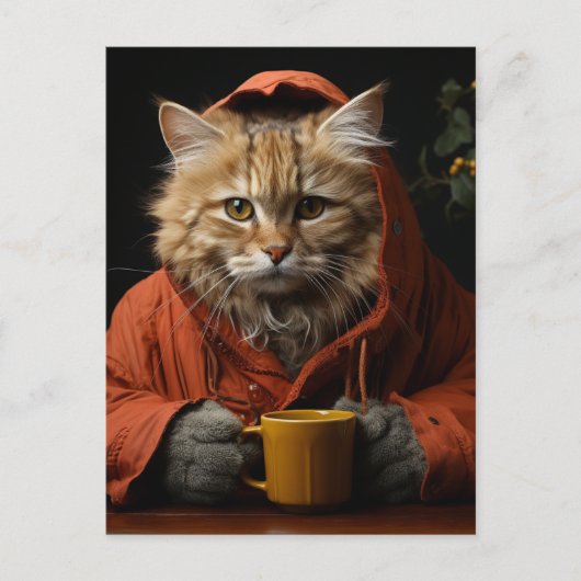 Carte Postale Chat Adorable Avec Café (Devant)