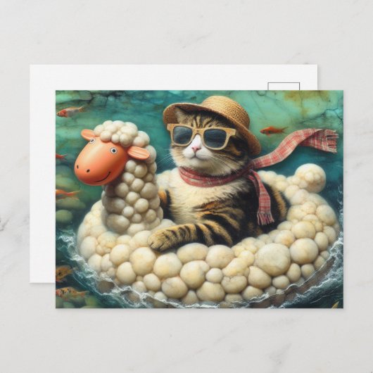 Carte Postale Chat adorable avec sur le mouton Floatie (Devant / Derrière)