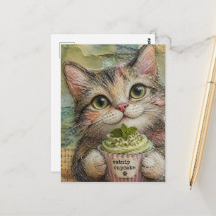Carte Postale Chat adorable avec un gâteau au catnip