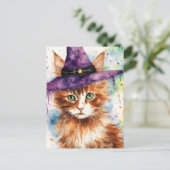 Carte Postale Chat adorable dans un Casquette de sorcière aquare (Debout devant)
