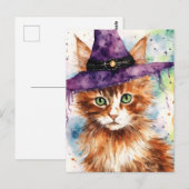 Carte Postale Chat adorable dans un Casquette de sorcière aquare (Devant / Derrière)