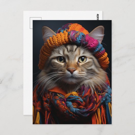 Carte Postale Chat adorable dans un écharpe et Casquette (Devant / Derrière)