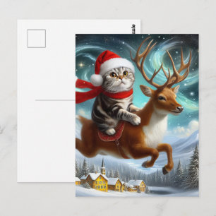 Carte Postale Chat adorable de Noël avec le Père Noël et les ren