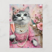 Carte Postale Chat adorable en robe rose avec perles (Devant)