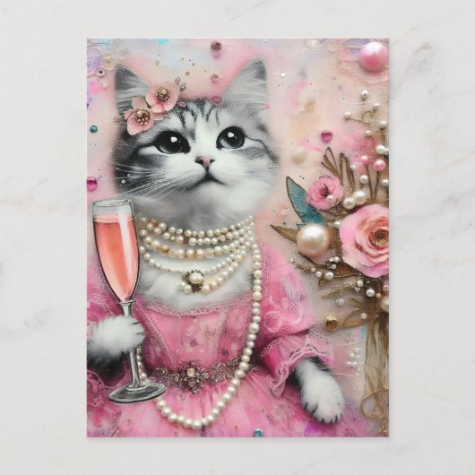 Carte Postale Chat adorable en robe rose avec perles (Devant)