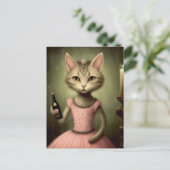Carte Postale Chat adorable en rose avec bouteille de champagne (Debout devant)