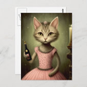 Carte Postale Chat adorable en rose avec bouteille de champagne (Devant / Derrière)