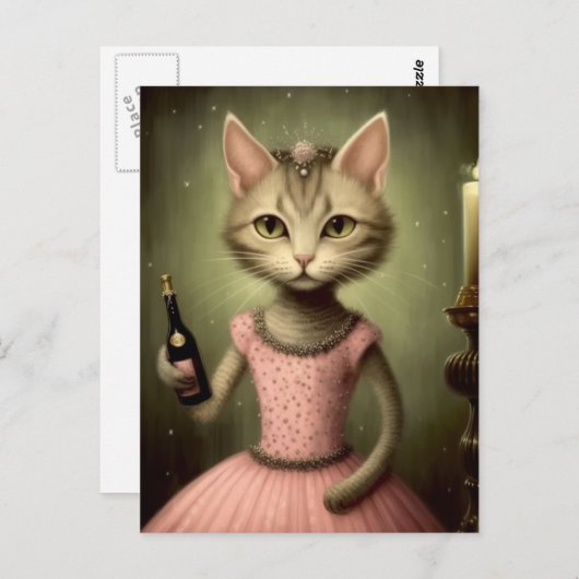 Carte Postale Chat adorable en rose avec bouteille de champagne (Devant / Derrière)