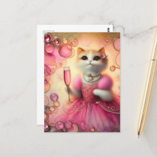 Carte Postale Chat adorable en rose et perles avec un verre à la