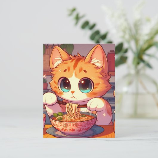 Carte Postale Chat Adorable Mangeant des Nouilles Ramen (Debout devant)