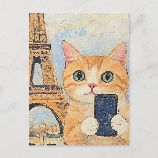 Carte Postale Chat adorable prenant un selfie à Paris (Devant)