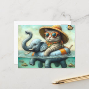 Carte Postale Chat adorable sur un éléphant gonflable au lac
