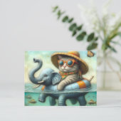 Carte Postale Chat adorable sur un éléphant gonflable au lac (Debout devant)