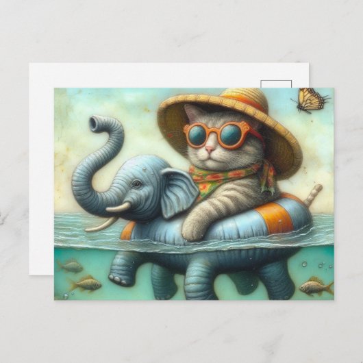 Carte Postale Chat adorable sur un éléphant gonflable au lac (Devant / Derrière)