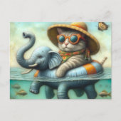 Carte Postale Chat adorable sur un éléphant gonflable au lac (Devant)