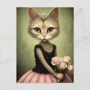 Carte Postale Chat adorable tient des roses roses