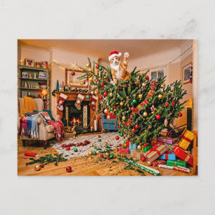Carte Postale Chat agitant la main depuis l'arbre de Noël
