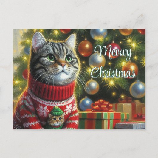 Carte Postale Chat Amoureux des chats mignon par sapin de Noël (Devant)