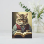 Carte Postale chat anthropomorphe lecture d'un livre (Debout devant)