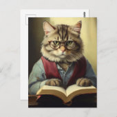 Carte Postale chat anthropomorphe lecture d'un livre (Devant / Derrière)