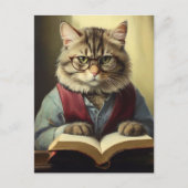 Carte Postale chat anthropomorphe lecture d'un livre (Devant)
