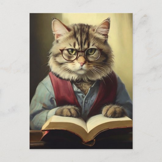 Carte Postale chat anthropomorphe lecture d'un livre (Devant)