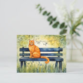Carte Postale Chat aquarelle sur le banc du parc (Debout devant)