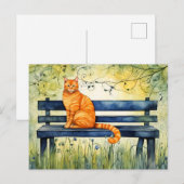 Carte Postale Chat aquarelle sur le banc du parc (Devant / Derrière)