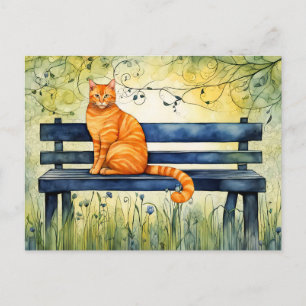 Carte Postale Chat aquarelle sur le banc du parc