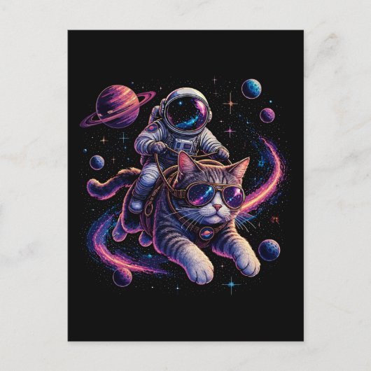 Carte Postale Chat astronaute chevauchant à travers l'espace (Devant)