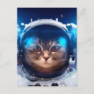 Carte Postale Chat astronaute flotte au-dessus de la Terre