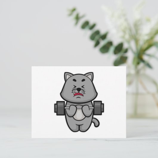 Carte Postale Chat au biceps à l'entraînement avec haltère (Debout devant)
