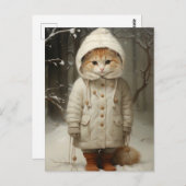 Carte Postale Chat au gingembre mignon et drôle en neige (Devant / Derrière)