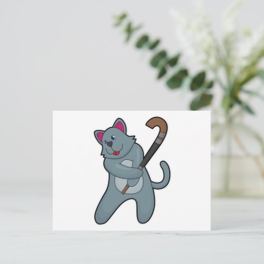 Carte Postale Chat au hockey avec bâton de hockey (Debout devant)