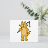 Carte Postale Chat au pêche avec canne à pêche & poisson (Debout devant)