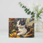 Carte Postale Chat aux abeilles et fleurs (Debout devant)