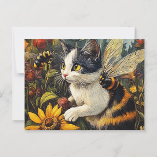 Carte Postale Chat aux abeilles et fleurs