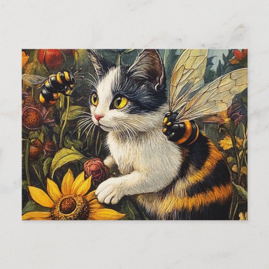 Carte Postale Chat aux abeilles et fleurs (Devant)