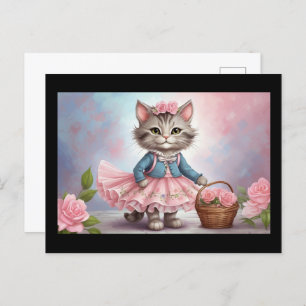 Carte Postale Chat aux fleurs roses en robe avec panier à fleurs