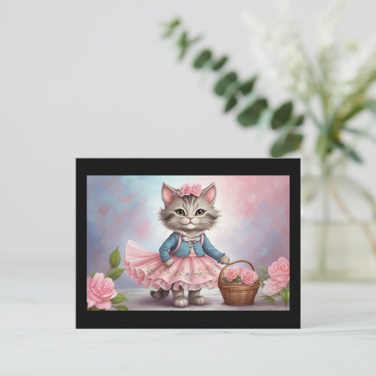 Carte Postale Chat aux fleurs roses en robe avec panier à fleurs (Debout devant)
