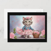 Carte Postale Chat aux fleurs roses en robe avec panier à fleurs (Devant / Derrière)